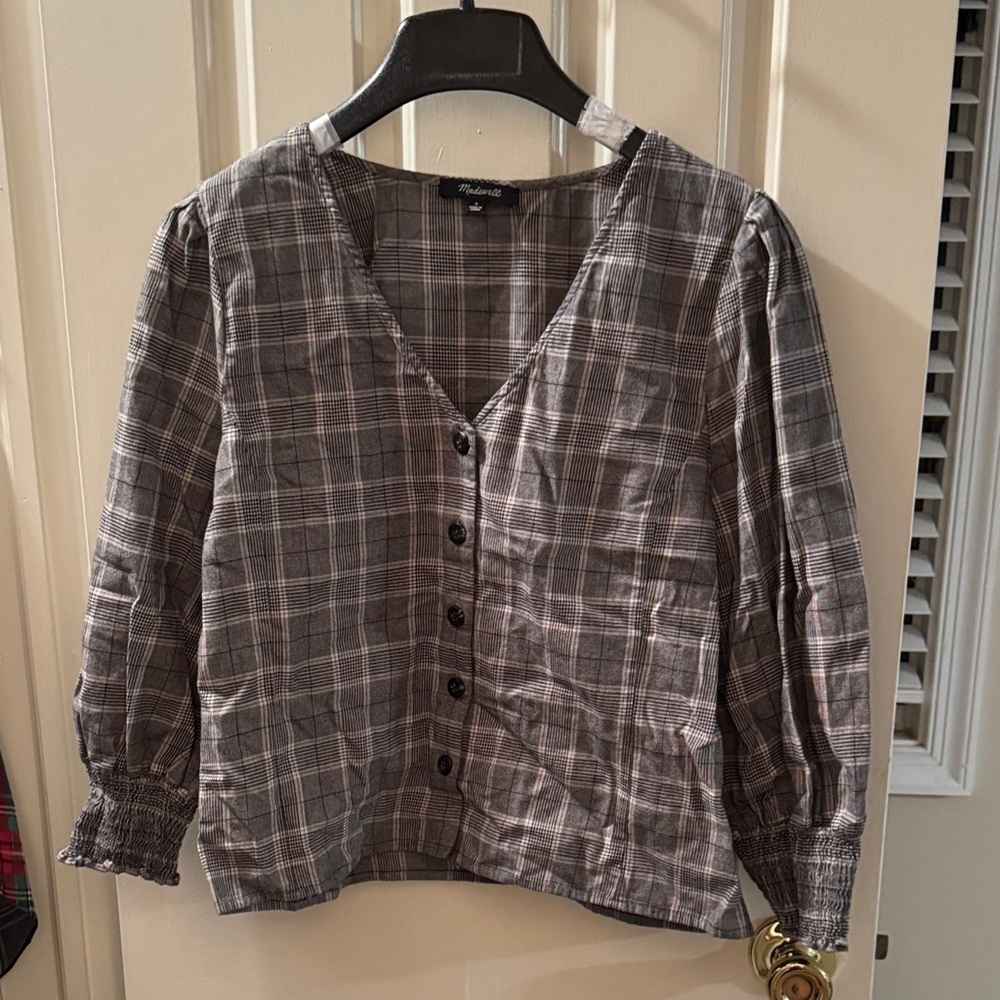 Madewell Plaid Button-Up Blouse - Gray and Black